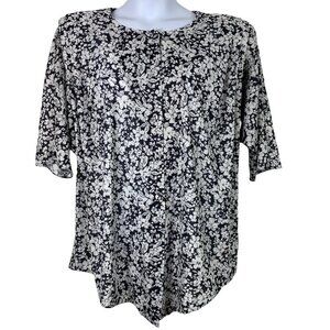 Vintage Blouse Size 2X Floral Button Up Black White Shoulder Pads Riccardo FLAW